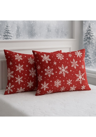 Lionas Desenli Pamuklu Yılbaşı Kar Desen Yastık Kılıfı 2 Adet 50 X 70 Cm Kırmızı