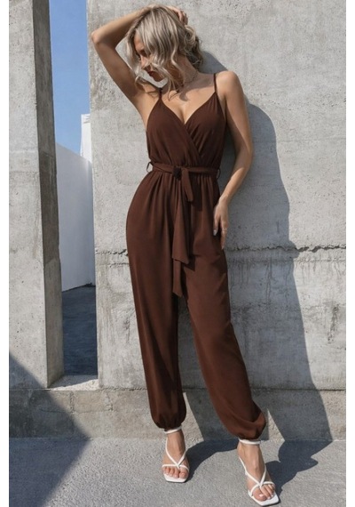 Efnaz Style Kadın Ip Askılı Kruvaze Yakalı Belden Kuşaklı Uzun Sandy Tulum Kahve
