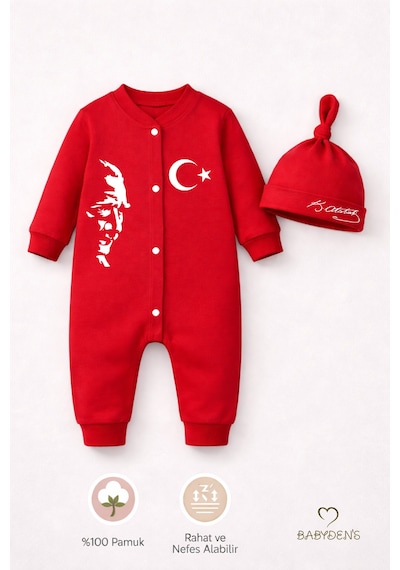 Babyden's 2 Li Bebek Tulum Seti, İlk 23 Nisan Bayramı Atatürk Baskılı Yenidoğan Bebek Tulum Şapka Set Unisex Kırmızı