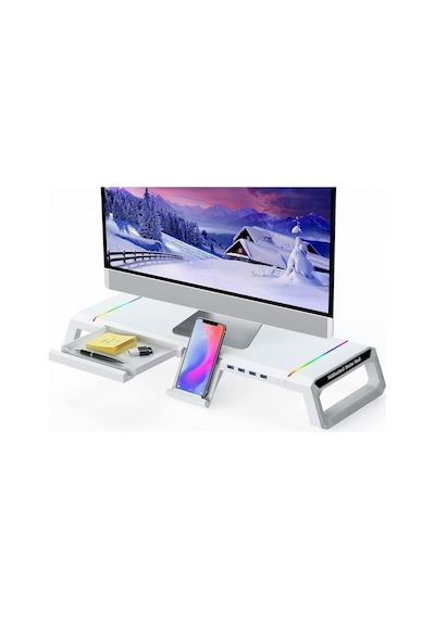 Laptop Sehpası Rgb Işıklı Mönitör Standı Ekran Altlığı 4 Usb Hub Telefon Tutuculu Beyaz