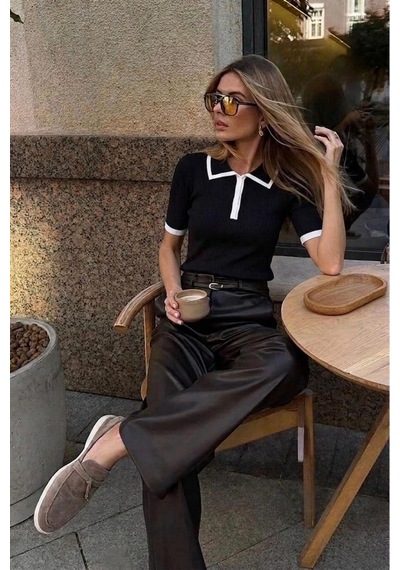 De Pose Siyah Kısa Kollu Premium Polo Yaka Fermuarlı Triko Kadın T-shirt