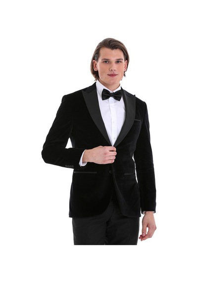Hatemoğlu Siyah Slim Fit Düz Sivri Yaka Kadife Klasik Damatlık Siyah