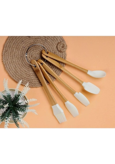 Bambu Saplı Slikon Uçlu 5 Parça Mini Spatula Kaşık Fırça Seti Açık Kahverengi