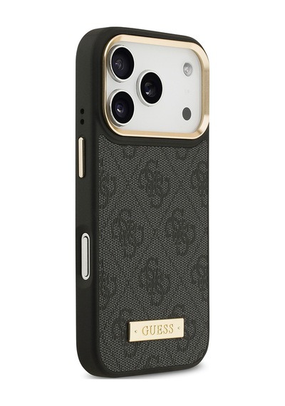 Apple Uyumlu iPhone 17 Pro Kılıf Guess Lisanslı M-safeli 4g Desenli Pu Metal Plaka Klasik Logolu Siyah Siyah