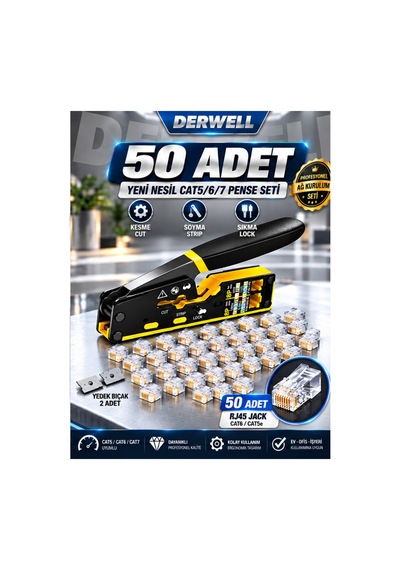 3in1 Rj45 Cat6 Konnektör Seti 50 Adet Paket - Altın Kaplama Network Ezme Jakı - İnternet Ve Ethernet Utp Kablo Başlığı - Yüksek Hızlı Veri İletimi Uyumlu - Profesyonel Ağ Kurulumu Modeli Jak Seti