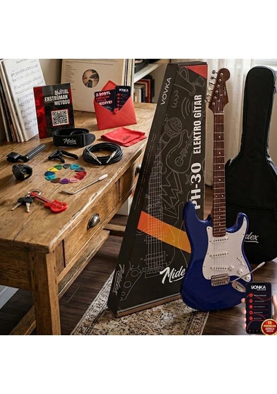 Midex Rph-30wbl Mavi Beyaz Gül Klavye Strat Kasa Sss Elektro Gitar Seti