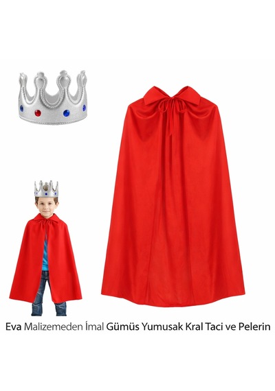 Çocuk Boy Kral Pelerini 90 Cm Ve Yumuşak Eva Kral Tacı Gümüş Renk 2