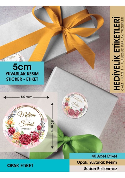 Kırmızı Gül Düğün Etiket Modeli Ürünlerinize Öze 5cm - 40 Adet Opak Sticker Renkli