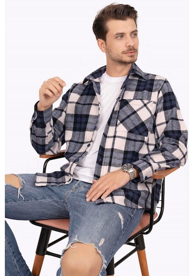 Etikmen Lacivert Beyaz Geçiş Oversize Oduncu Hediye Kutulu Erkek Gömlek Lacivert