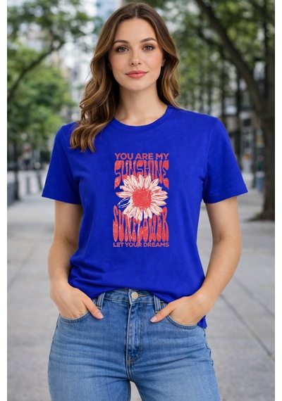 Herkesemoda Sunshine Baskı Detaylı Basic T-shırt Mavi