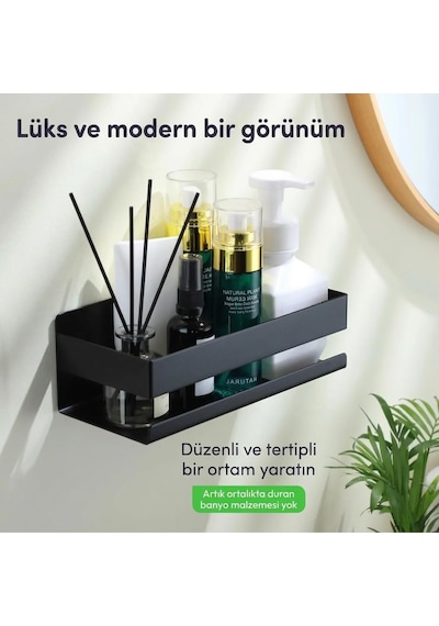 Siyah Paslanmaz Metal Banyo Rafı - 3m Yapışkanlı Duş Rafı Ve Mutfak Düzenleyici Organizer - Matkap Gerektirmeyen Kolay Montaj