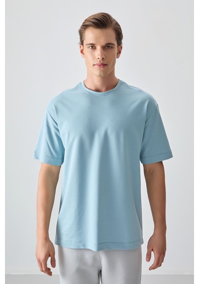 Air Jones Tommy Life Açık Mavi Pamuklu Kalın Yumuşak Dokulu Oversize Fit Basic Erkek T-shirt - 88377 Açik Mavi