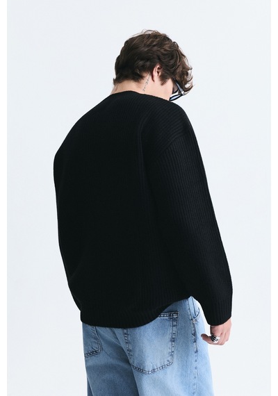 Vamos Oversize Fitilli Triko Kazak Siyah