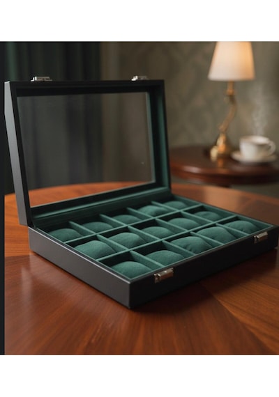 Lüks 15 Yuvalı Lüks Deri Cam Kapaklı Şık Tasarıma Sahip Saat Saklama Kutusu Ebat 34x24x8 Cm Yeşil