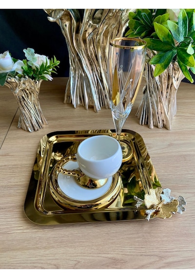 Atabey Home Collection 2 Adet Kahve & Çay & Sunum Tepsisi Gold Tepsi Kelebek Dökümlü