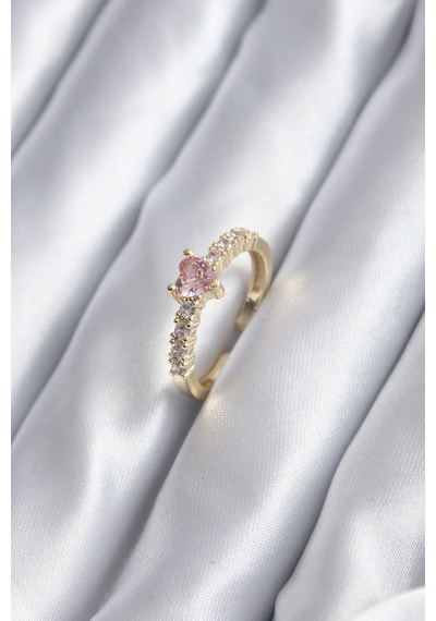 Clariss Gold Renk Zirkon Taşlı Pembe Kristal Kalp Model Kadın Yüzük Çok Renkli