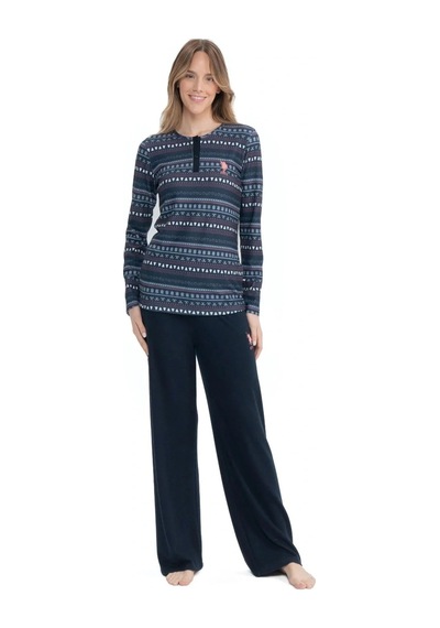 U.S. Polo Assn. 17113 Kadın Lacivert Uzun Kollu Yuvarlak Yaka Patlı Pijama Takım Lacivert
