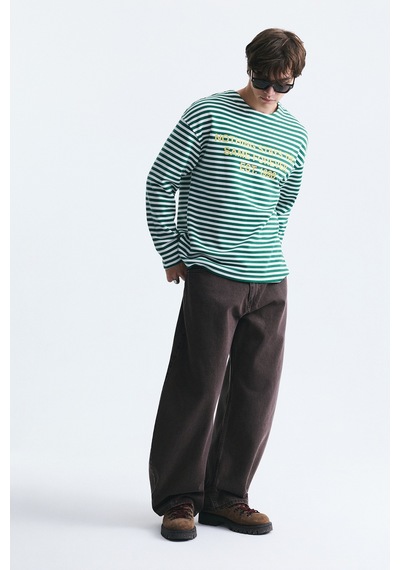 Vamos Oversize Çizgili Sweatshirt Ekru/yesıl