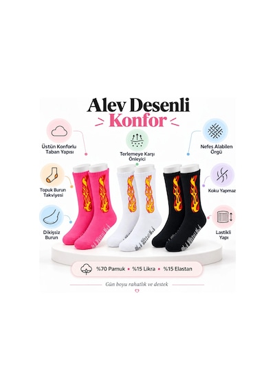 Womanandkids Wak Unisex Alev Desenli Çorap 3'lü Set Pamuklu Uzun Soket Dikişsiz Nefes Alan Günlük Spor Çorabı Yum Çok  Renkli
