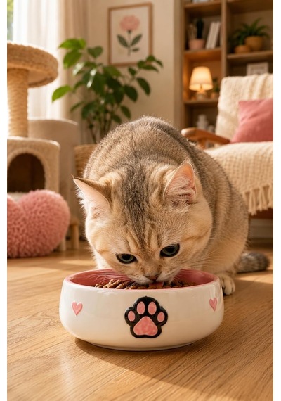 Lüks Seramik Mama Kabı Pati Kedi Köpek Kalp Desen Kabartmalı Doğal Renkli Kedi Ve Köpek Yemek Su Kasesi, Devrilmez Premium Dekoratif Porselen Yapı 1 Adet Tekli Pembe