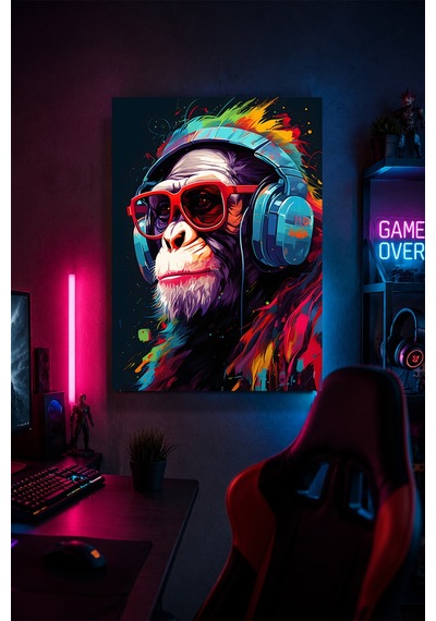 Gaming Şempanze Metal Duvar Tablosu Kulaklıklı Gamer Oda Dekoru Pop Art 30x40 Cm A3 Boyutunda