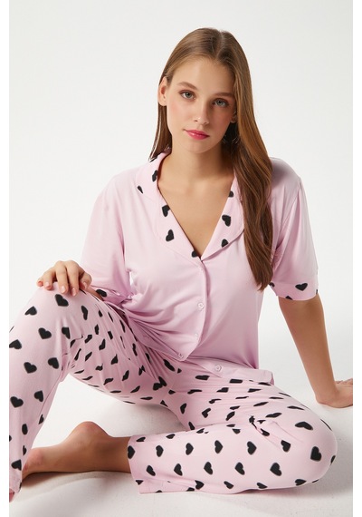 Kadın Lily Yumuşak Doku Pembe Kalpli Ön Düğmeli Kısa Kollu Pijama Takımı Pembesiyah Pembe - Siyah