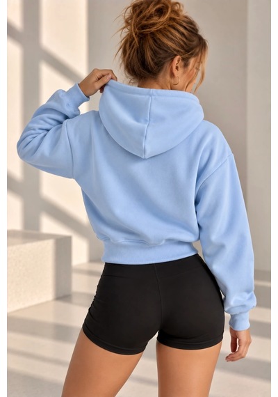 Bb Butik Basic Kapüşonlu Fermuarlı Kısa Kadın Sweatshirt Günlük Basic Model My3535 Bebe Mavi