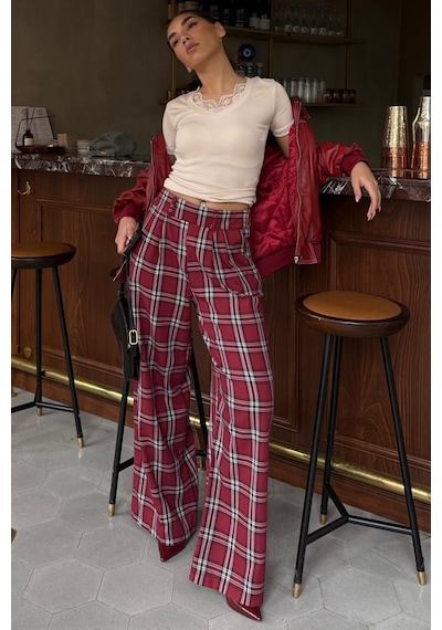 Madmext Bordo Kare Desenli Rahat Kesim Pantolon Mg2728