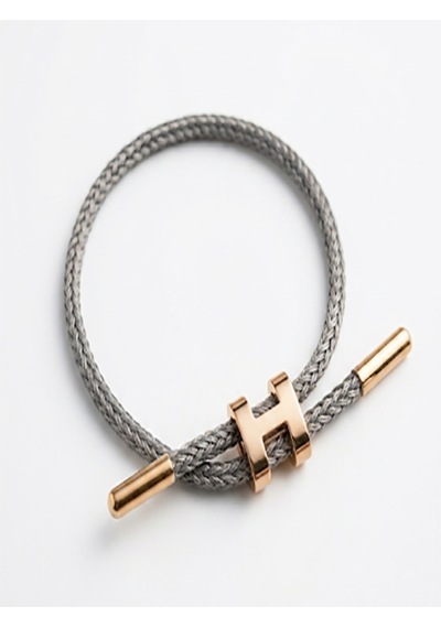 Unisex H Model Gold Renk Çelik Detay Gri İp Bileklik