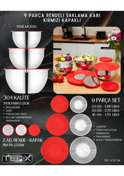 Rosso 9 Prç. Saklama Kabı Rendeli Kırmızı 24 Cm , 20 Cm , 16 Cm Paslanmaz Çelik