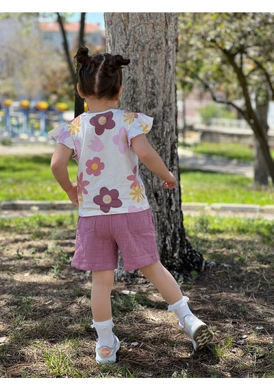 Kız Çocuk Çiçek Desenli Fırfırlı Tişört Ve Müslin Şort 2'li Takım Mor