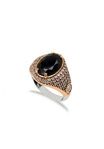 925 Ayar Gümüş Siyah Onix Oval Taşlı Otantik Yüzük Bronz