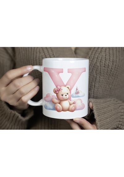 Y Baş Harf Sevimli Ayıcık Detaylı Kupa Bardak, Tatlı Pembe Bardak Hediyesi - Teddy Figür Beyaz
