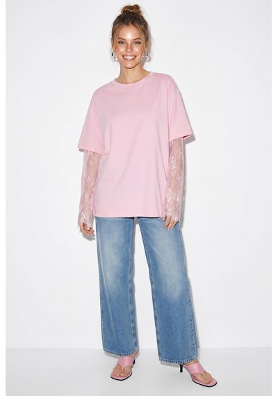 Shade Kadın Bisiklet Yaka Dantel Kollu Oversize Pamuklu T-shirt 1049 60286075 - Pembe