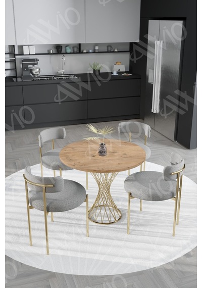 Avvio Tiny Mat Gold Teddy Sandalye 90x90 Yuvarlak Yemek Masası Mutfak Masası Masa Sandalye Takımı Akça