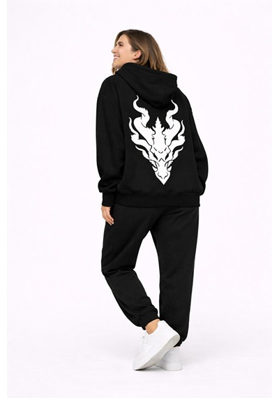 Unisex Ejderha Baskılı Beyaz Sevgili Kombini Oversize Hoodie Seti Siyah