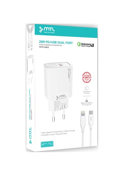 20w Ultra Hızlı Çift Çıkış Type-c + Usb Adaptör + Type-c To Apple Uyumlu iPhone Lightning Kablo Şarj Seti Mt1750