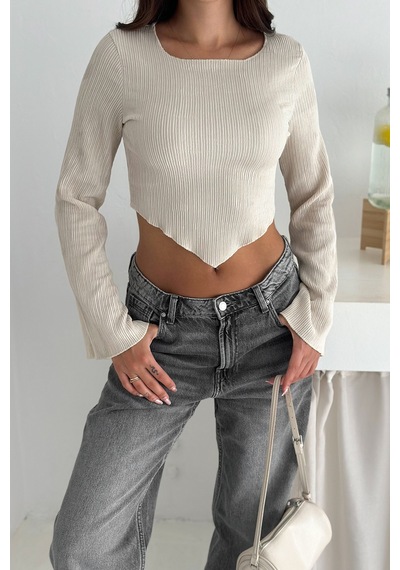 Noa & Noa İspanyol Kol Ribanalı Sivri Etek Uçlu Crop Bluz Modern & Vücuda Oturan Stil Bej