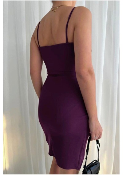 Lior Design Kadın Yeni Sezon V Yaka Yırtmaçlı Mini Askılı Abiye Elbise Mor