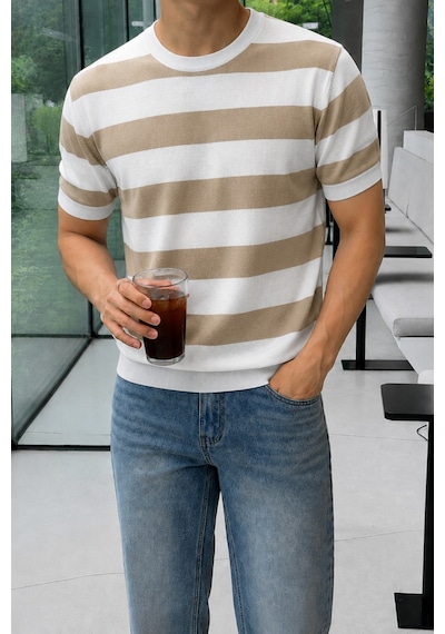 Tarz Cool Erkek Çizgili Triko Tişört Bisiklet Yaka Slim Fit Yazlık İnce Dokulu Bej