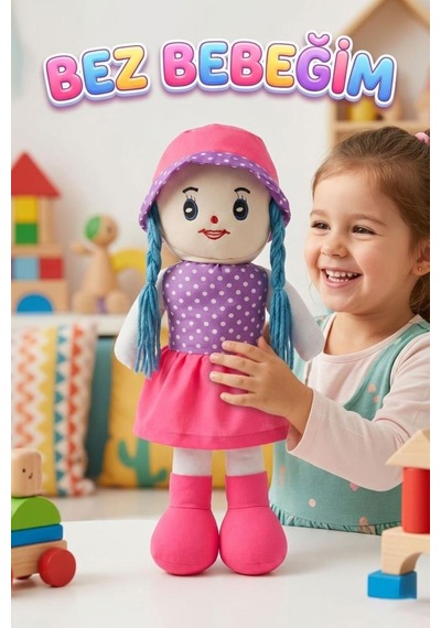 Fatma Bebek 48cm Büyük Puantiye Desenli Elbiseli Ve Şapkalı El Yapımı Oyuncak Bez Bebek Pembe