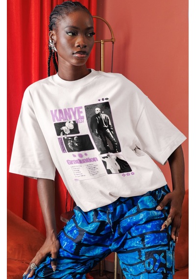 Sevbano Kanye West Rapper Şarkıcı Ön Baskılı Unisex Oversize Tişört Beyaz