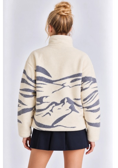 Mevese Cepli Ve Yarım Fermuarlı Dik Yaka Desenli Kadın Oversize Polar Sweat - Beyaz-gri Mevese Cepli Ve Yarım Fermuarlı Dik Yaka Desenli Kadın Oversize Polar Sweat - Beyaz-gri