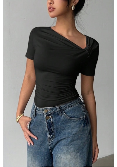 Kadın Çapraz Yaka Kısa Kollu Slim Fit Bluz Siyah