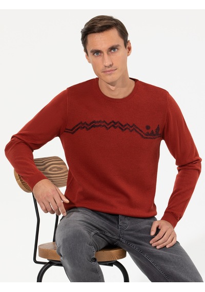 Cacharel Kiremit Slim Fit Bisiklet Yaka Triko Kazak Kırmızı