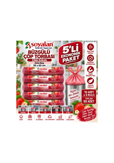 Büzgülü Çöp Torbası Çilek Kokulu Orta Boy 55x60 Cm 5 Rulo 50 Adet