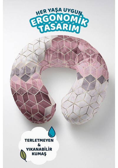 Geometrik Modern Desenli Boyun Yastığı - Altın Çizgili Pembe Gri Yumuşak Seyahat Yastığı Koyu Kanyon Kabak