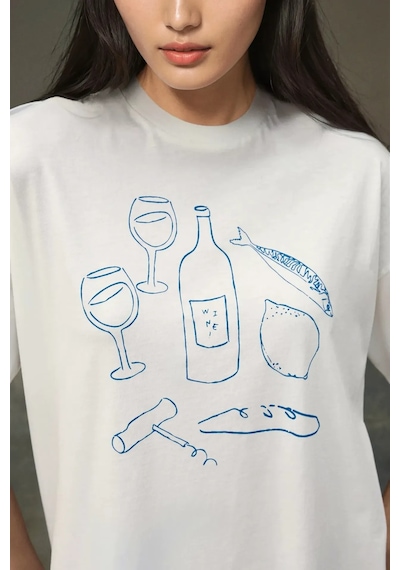 Hiccup Kadın %100 Pamuk Bisiklet Yaka Oversize Beyaz Baskılı T-shirt Tozlu Beyaz