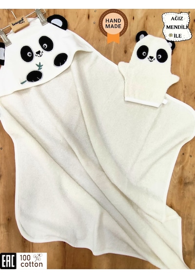 %100 Pamuklu & Başlıklı Bebek Banyo Havlusu - Panda Nakışlı & Keseli Havlu Seti - Yumuşak & Su Emici 0 - 4 Yaş
