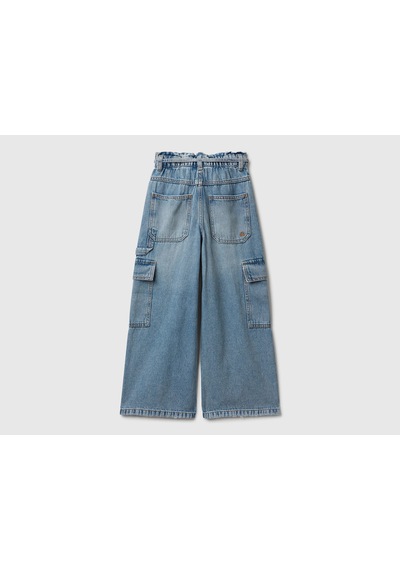Mayoral Benetton Kız Çocuk Koyu Mavi Beli Bağlamalı Kargo Stili Wide Fit Denim Pantolon Açık Mavi